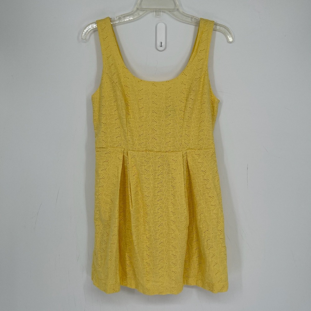 Forever 21 Women's Yellow Eyelet Scoop Neck Pleated Sleeveless Mini Dress Size L